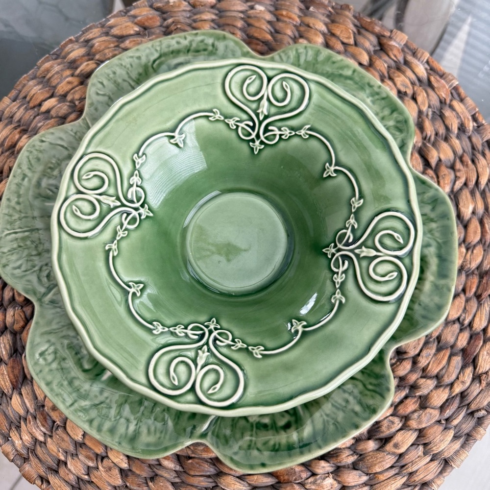 Vintage Bordello Pinheiro Portugal Set Of Four Green Porcelain Bowl